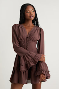 Ayaana Brown Long Sleeve Tiered Mini Dress 1
