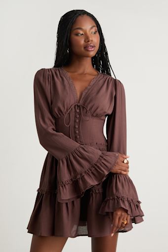 Ayaana Brown Long Sleeve Tiered Mini Dress 1