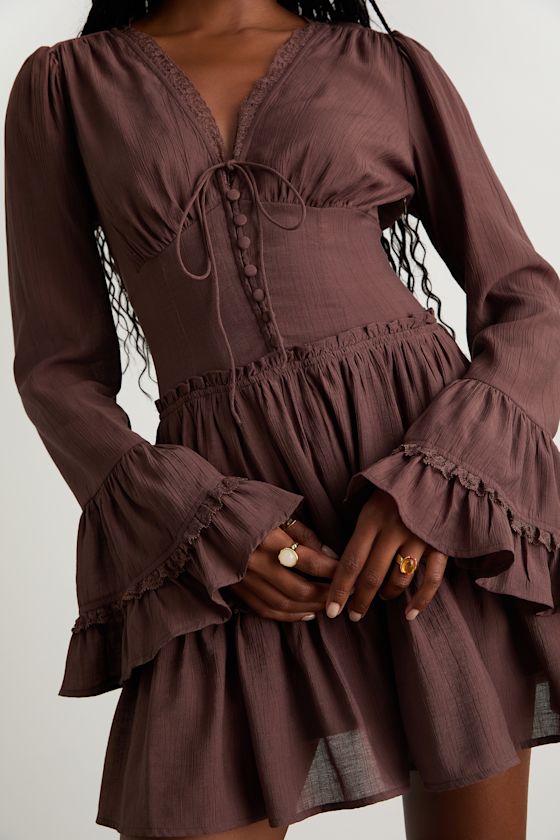 Ayaana Brown Long Sleeve Tiered Mini Dress 2