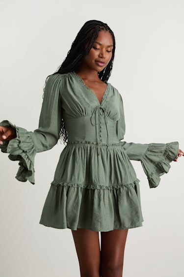 Lulus | Sage Green Long Sleeve Tiered Mini Dress | Womens | X-Small | 100% Polyester Lulus | Sage Green Long Sleeve Tiered Mini Dress | Womens | X-Small | 100% Polyester