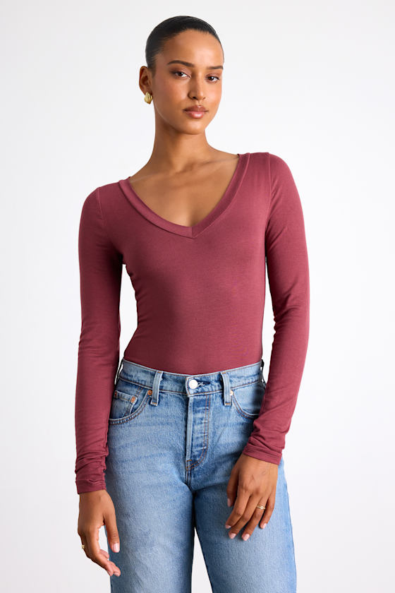 Clean Look Berry Red V-Neck Long Sleeve Bodysuit 1