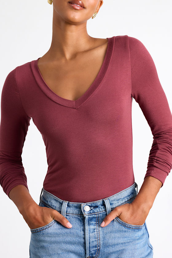 Clean Look Berry Red V-Neck Long Sleeve Bodysuit 2