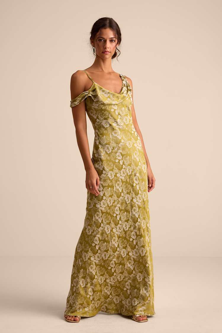 Cavani Chartreuse Floral Satin Asymmetrical Maxi Dress