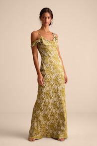 Cavani Chartreuse Floral Satin Asymmetrical Maxi Dress 1