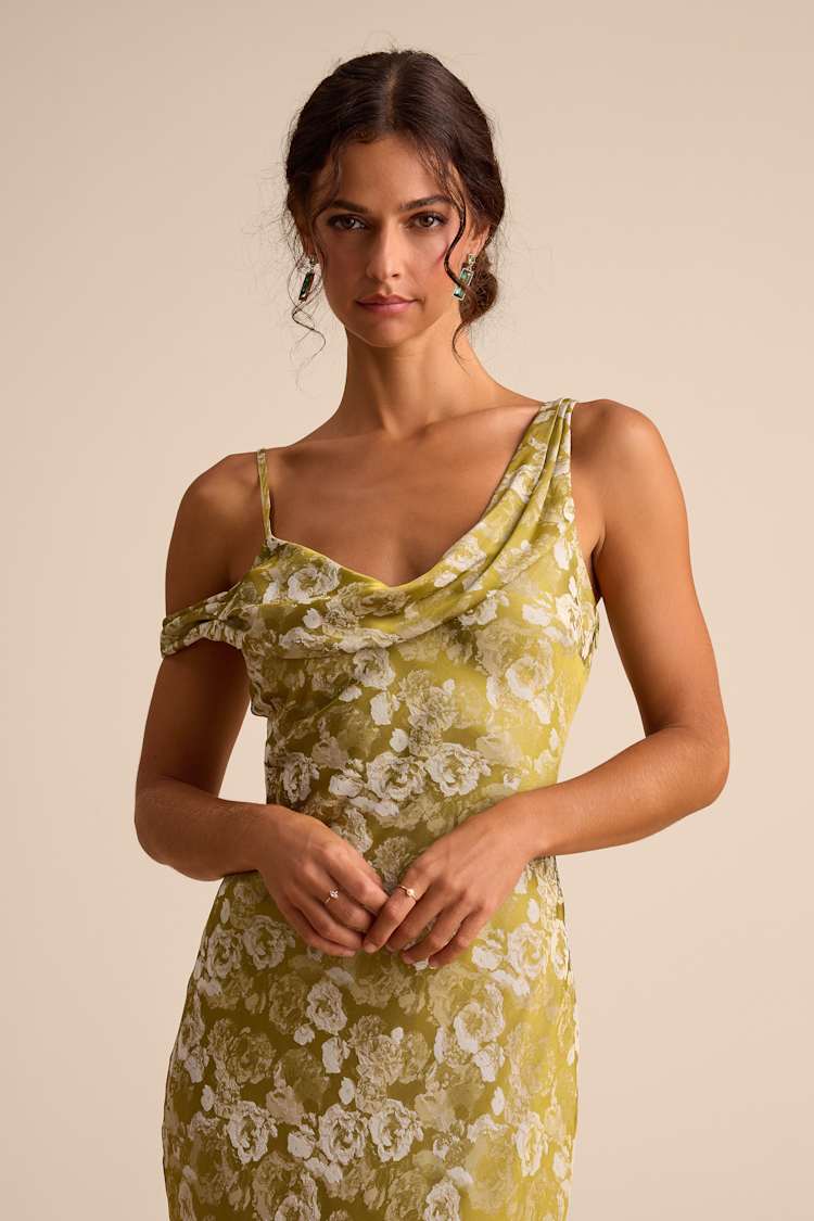 Cavani Chartreuse Floral Satin Asymmetrical Maxi Dress