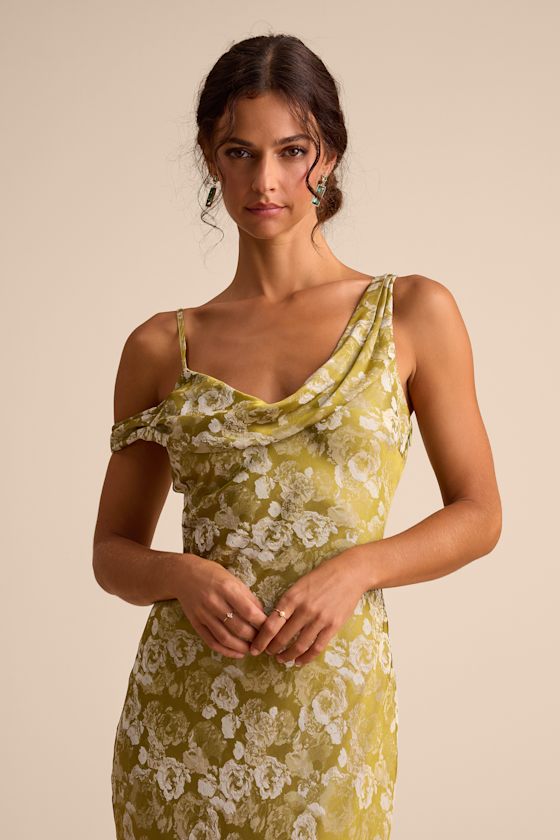 Cavani Chartreuse Floral Satin Asymmetrical Maxi Dress 2