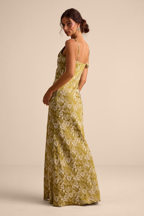 Cavani Chartreuse Floral Satin Asymmetrical Maxi Dress - thumbnail 3
