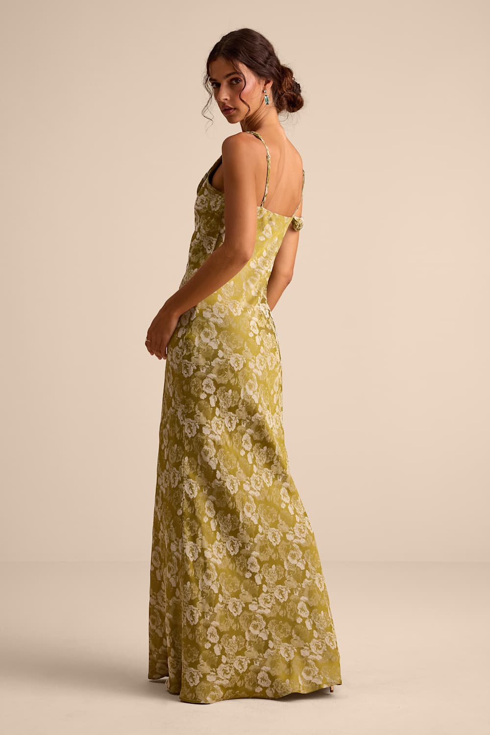 Cavani Chartreuse Floral Satin Asymmetrical Maxi Dress