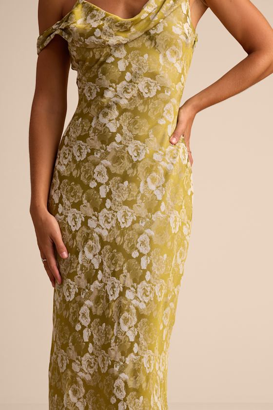 Cavani Chartreuse Floral Satin Asymmetrical Maxi Dress - thumbnail 4