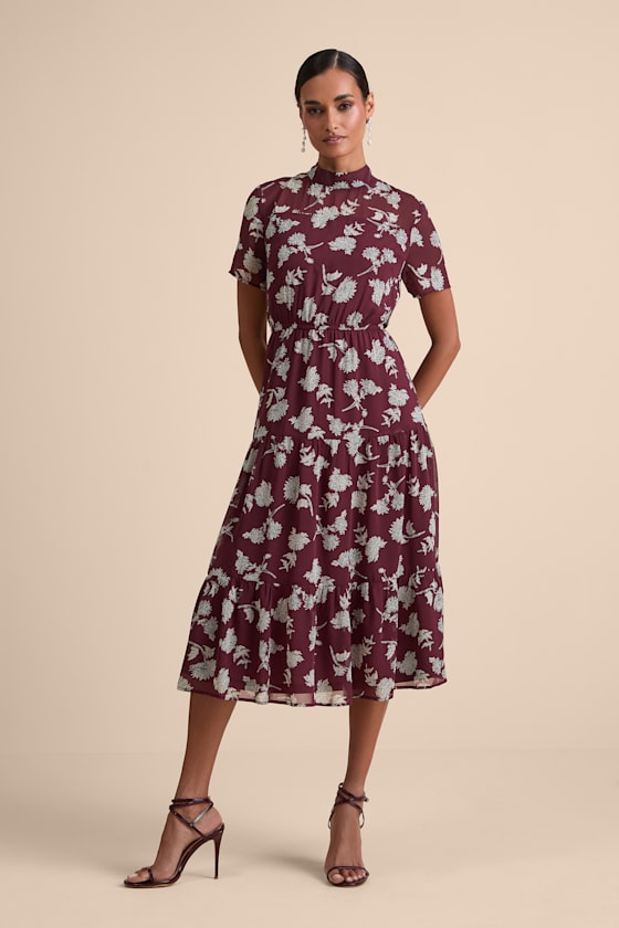Floral Dressed Up Burgundy Floral Print Midi Dress 1