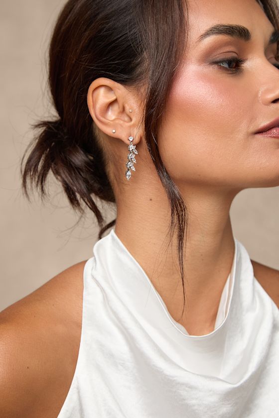 Lulus Bristol Silver Rhinestone Leaf Drop Earrings
