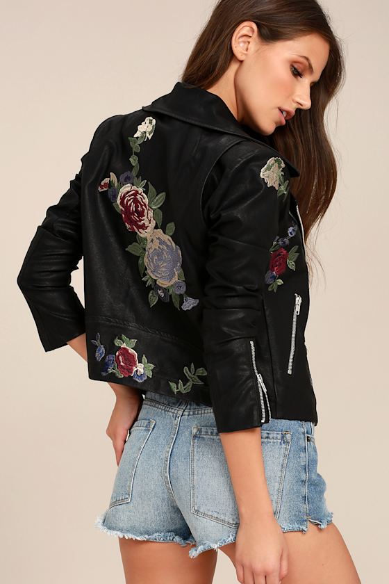 Rock 'n' Rose Black Embroidered Vegan Leather Moto Jacket 4
