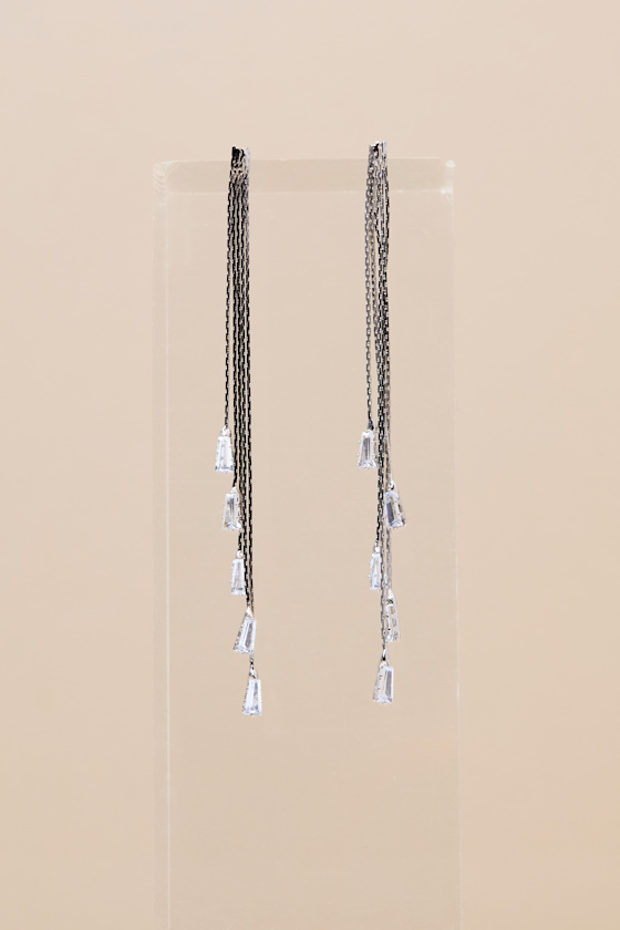 Silver Earrings - Rhinestone Drop Earrings - Chain Link