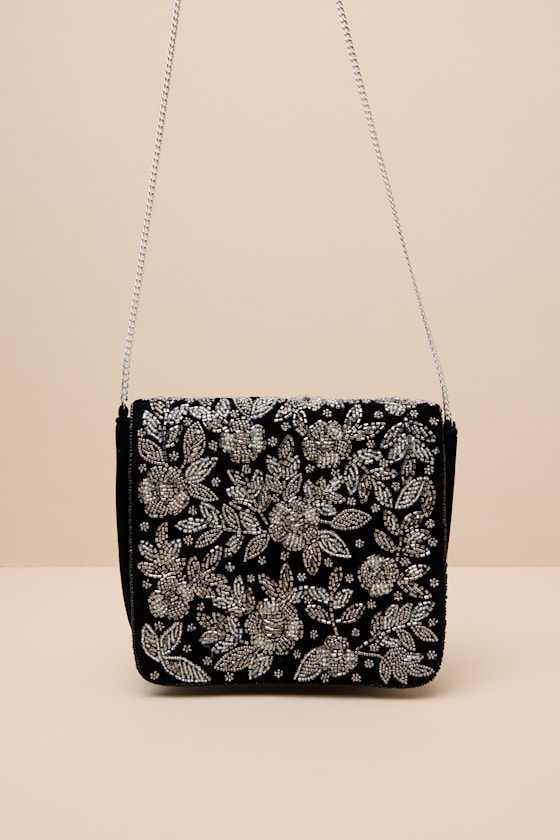 Rhia Black Floral Beaded Velvet Clutch 2