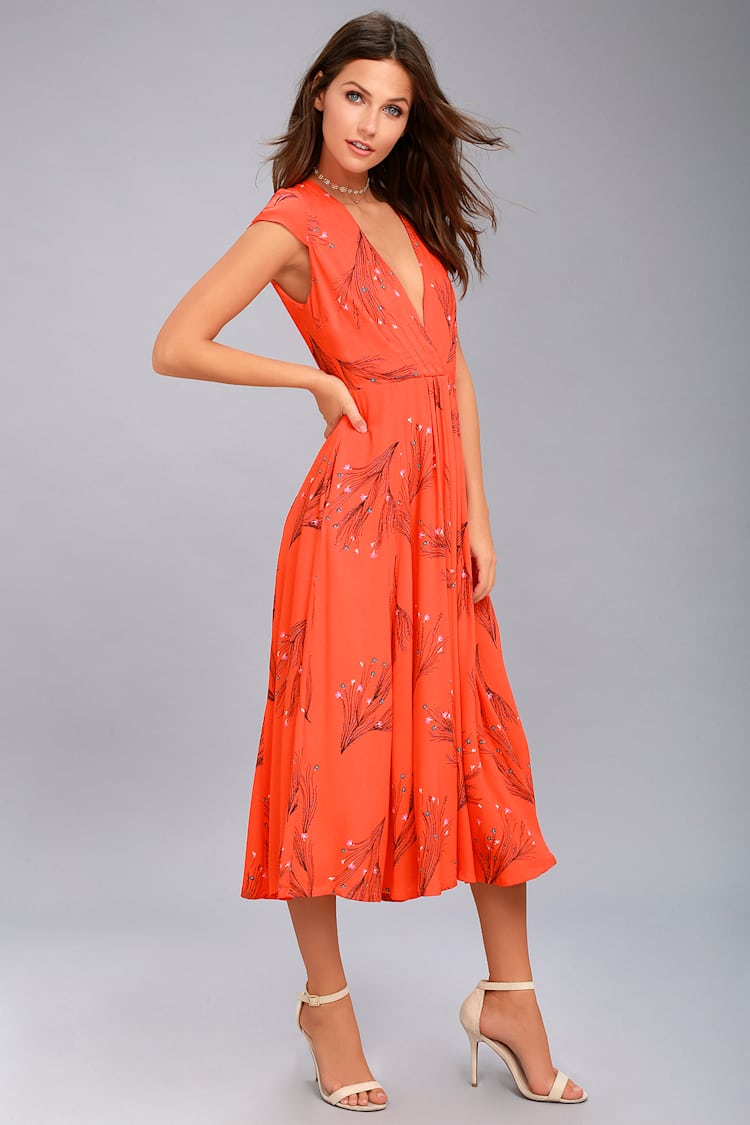 Free People Retro - Coral Orange Floral Print Midi Dress - Lulus