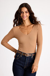 Easygoing Chic Light Brown Long Sleeve Bodysuit 1