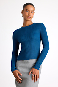 Karlee Dark Teal Blue Ribbed Knit Long Sleeve Sweater Top 1
