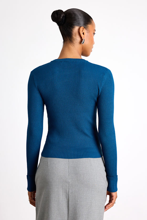 Karlee Dark Teal Blue Ribbed Knit Long Sleeve Sweater Top 2