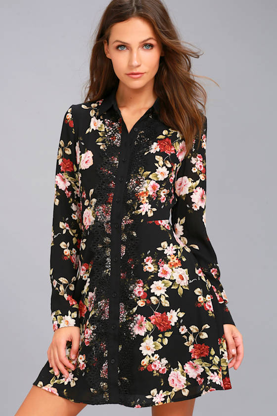 Absolute Opulence Black Floral Print Long Sleeve Shirt Dress 2