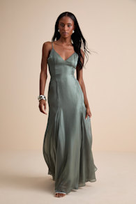 Luziel Sage Green Organza Pleated Maxi Dress 1