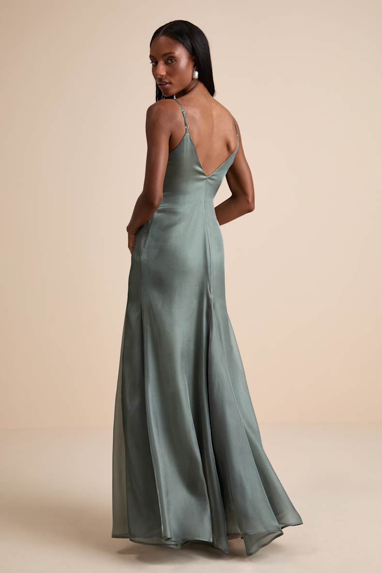 Luziel Sage Green Organza Pleated Maxi Dress