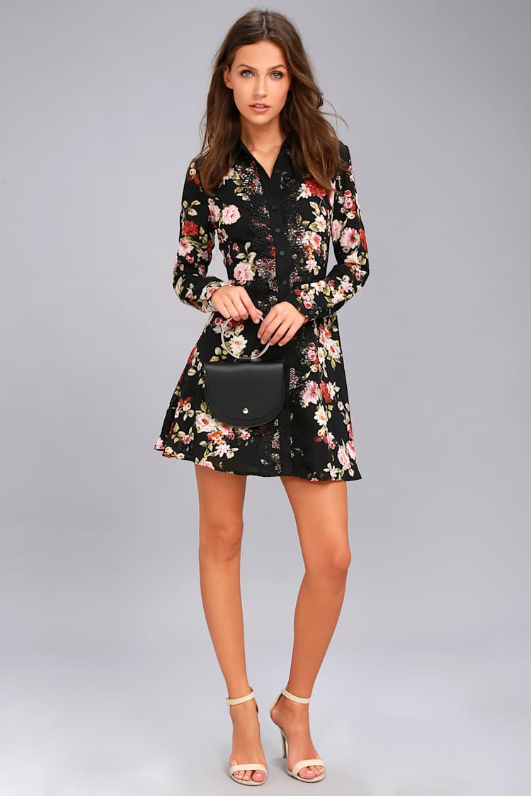 Chic Shirt Dress - Black Floral Dress - Long Sleeve Dress - Lulus Chic Shirt Dress - Black Floral Dress - Long Sleeve Dress - Lulus