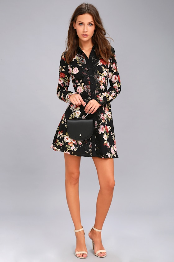 Absolute Opulence Black Floral Print Long Sleeve Shirt Dress 1