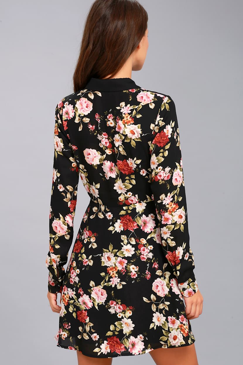 Absolute Opulence Black Floral Print Long Sleeve Shirt Dress Absolute Opulence Black Floral Print Long Sleeve Shirt Dress