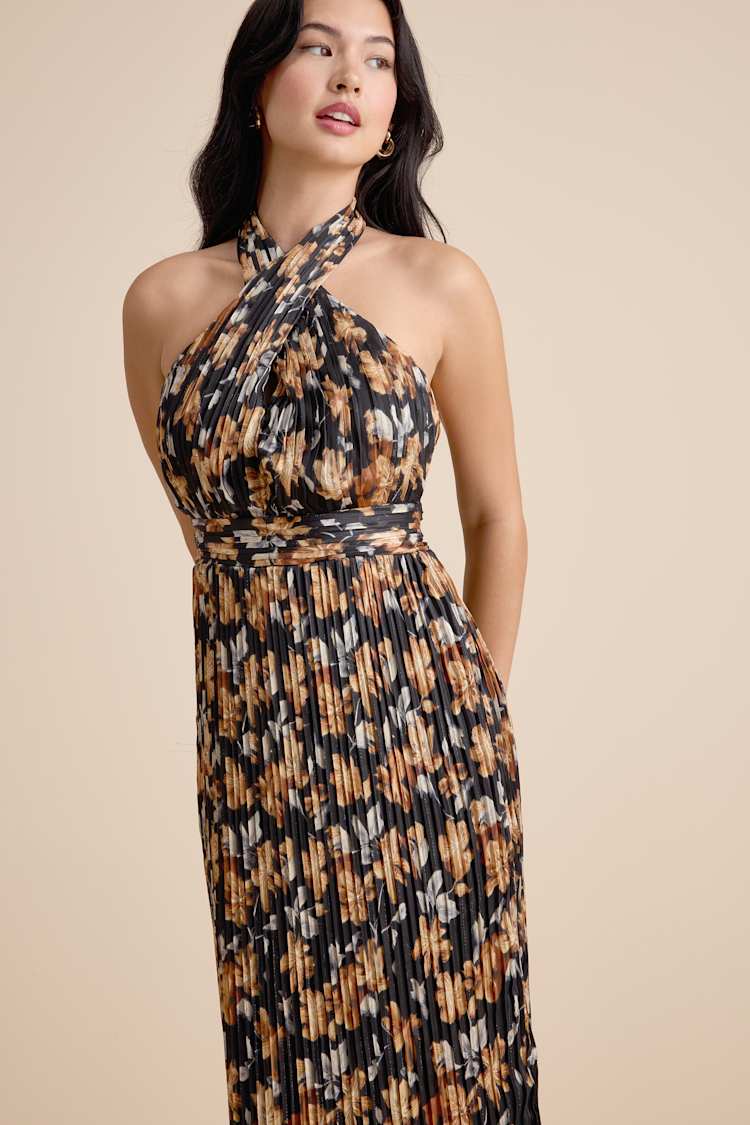 Black Floral Pleated Cross-Front Halter Midi Dress | Womens | X-Large (Available in XS, S, M, L) | 100% Polyester | Lulus