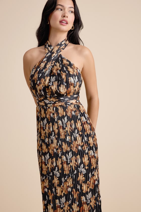 Gardena Black Floral Pleated Cross-Front Halter Midi Dress 6