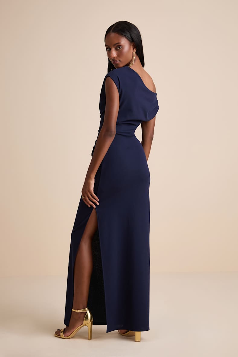 Janine Navy Asymmetrical Maxi Dress