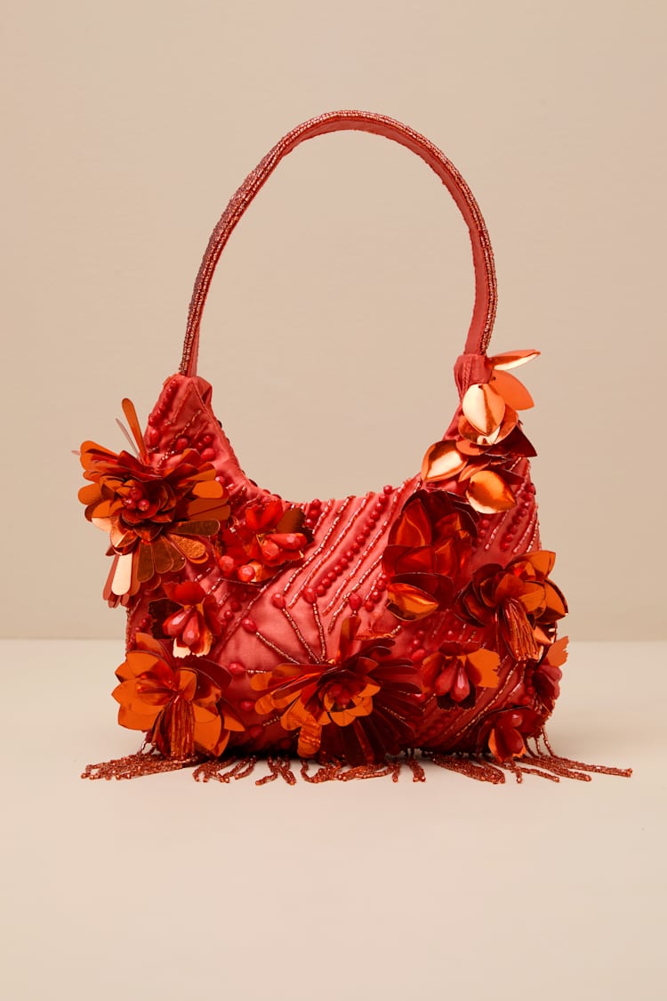 Naisha Red 3D Floral Sequin Beaded Fringe Shoulder Bag