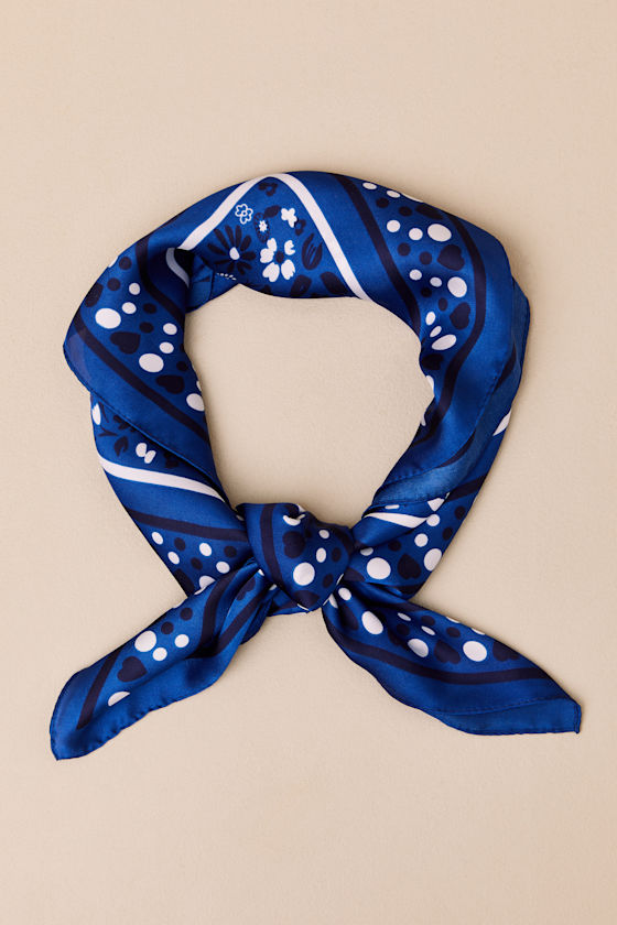 Blue Floral Bandana Scarf - Satin Bandana Scarf - Floral