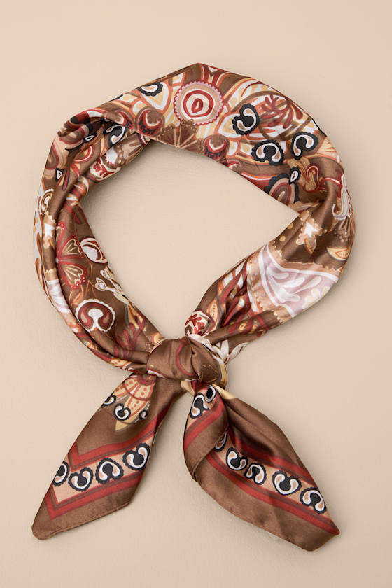 Moroi Brown Paisley Print Satin Scarf 1