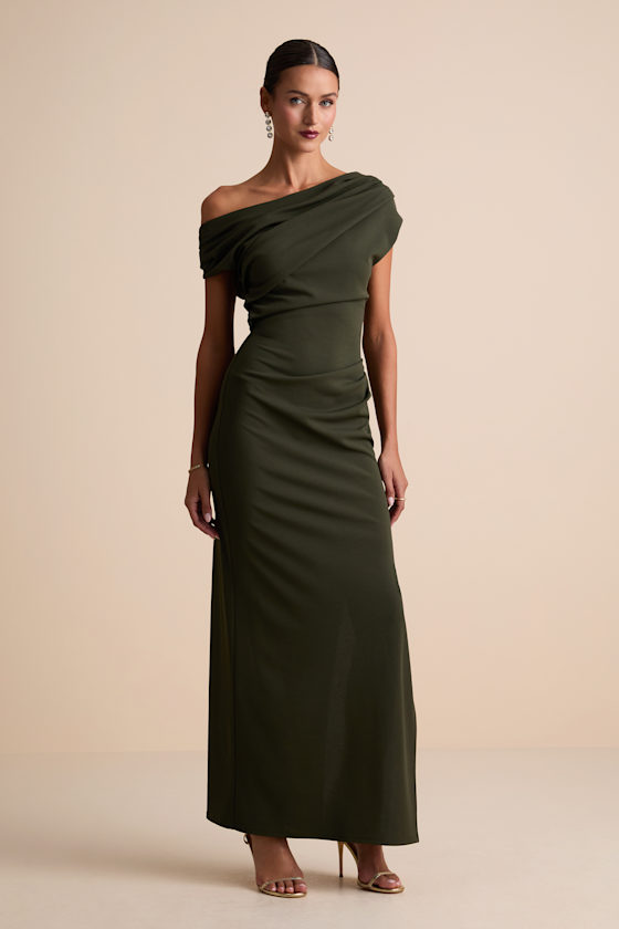 Janine Dark Olive Asymmetrical Maxi Dress 1