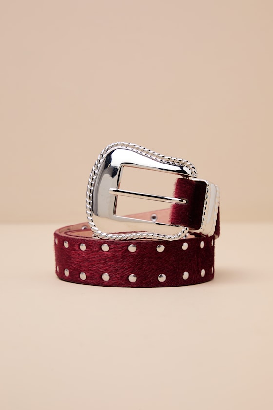 Lulus Metis Dark Red Faux Fur Studded Belt In Brown