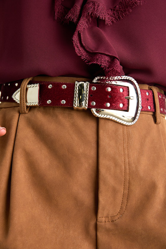 Lulus Metis Dark Red Faux Fur Studded Belt In Brown