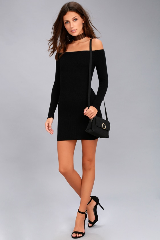 Obey Binx Black Off-the-Shoulder Bodycon Sweater Dress