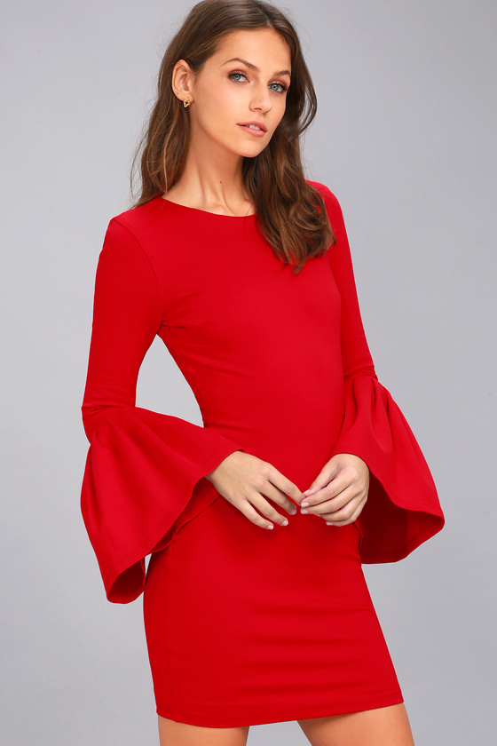 Double Flair Red Long Sleeve Bodycon Dress