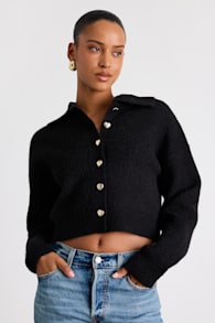Yavia Black Heart Button Collared Cropped Cardigan Sweater 1