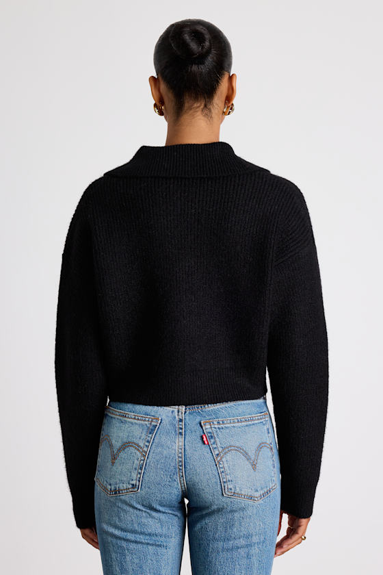 Yavia Black Heart Button Collared Cropped Cardigan Sweater