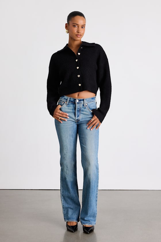 Yavia Black Heart Button Collared Cropped Cardigan Sweater