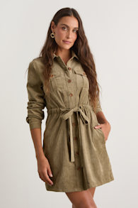 Simple Affection Olive Corduroy Mini Dress With Pockets 1
