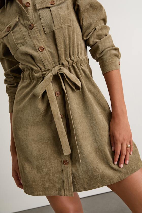 Simple Affection Olive Corduroy Mini Dress With Pockets 2