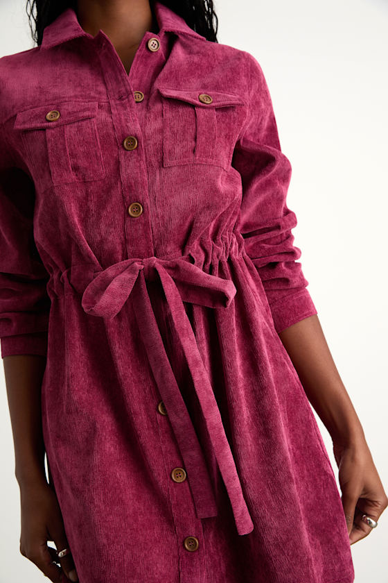 Magenta Corduroy Dress - Mini Dress With Pockets - Collared Dress - Image 3