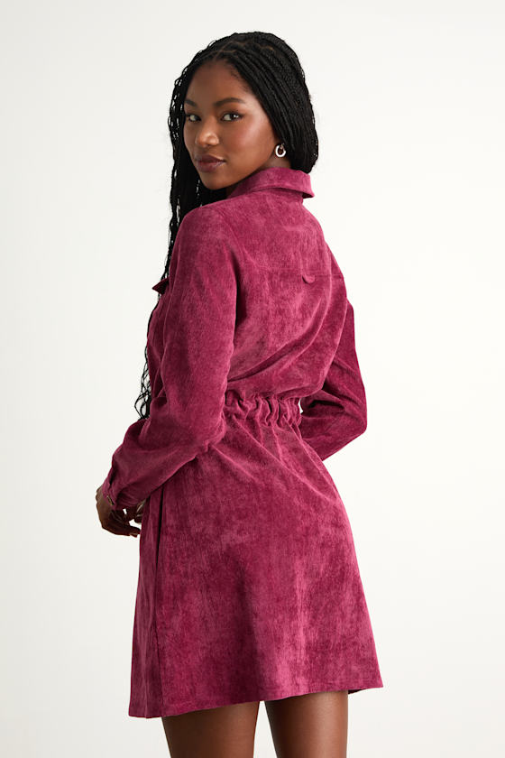 Magenta Corduroy Dress - Mini Dress With Pockets - Collared Dress - Image 4