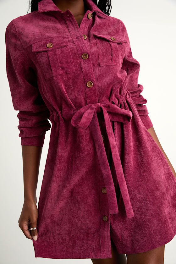 Magenta Corduroy Dress - Mini Dress With Pockets - Collared Dress - Image 5