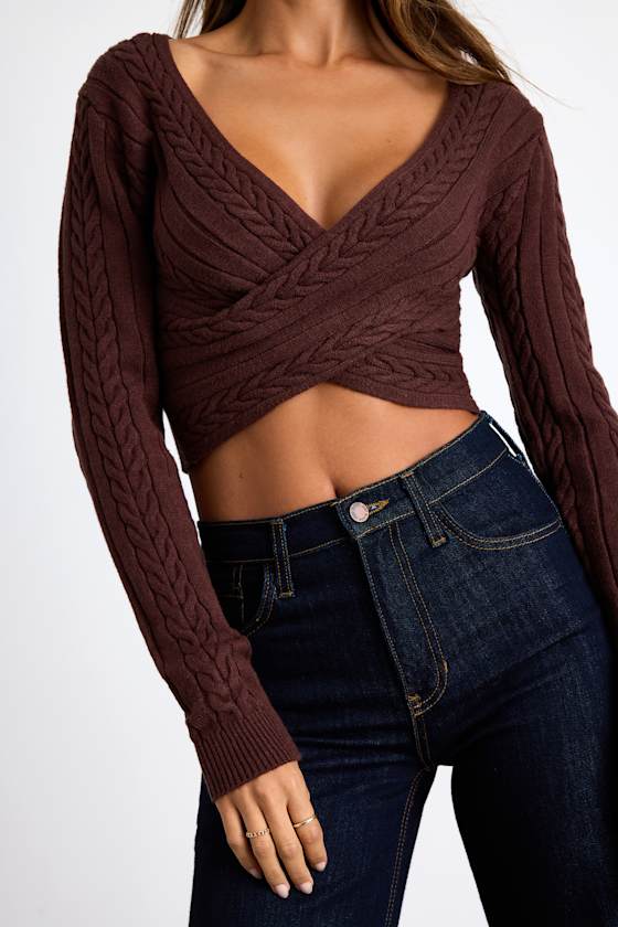 Feliya Brown Cable Knit Cross-Front Sweater Crop Top 1