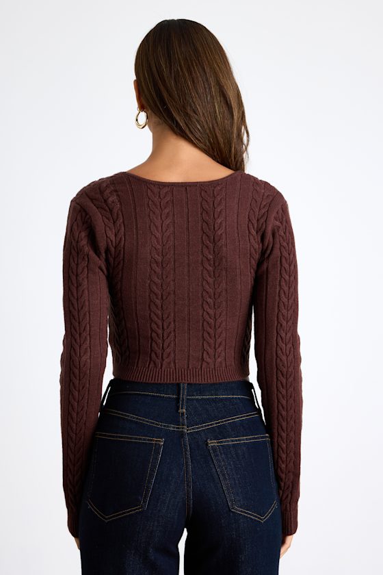 Brown Cable Knit Top - Cropped Sweater Top - Long Sleeve Knit Top