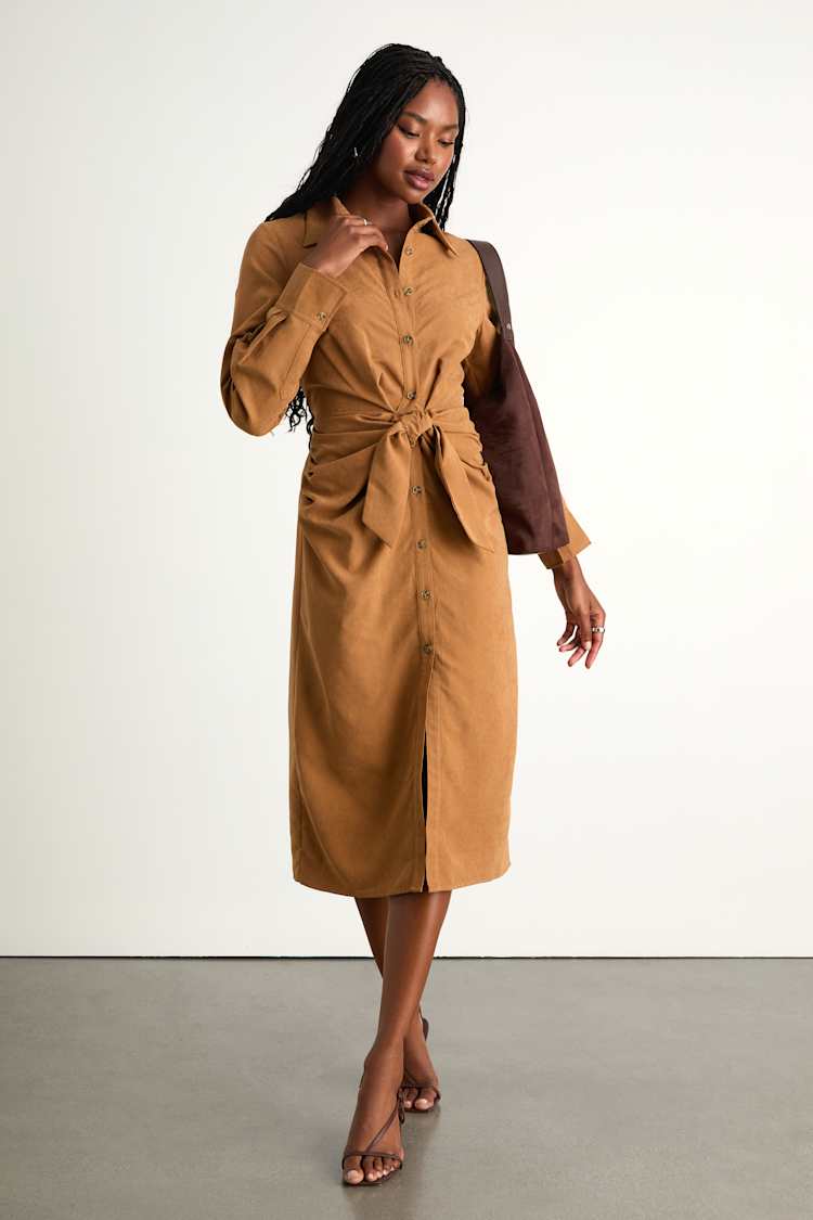 knee length dresses for ladies Short Sleeve Cinched Waist Button Down Faux Suede Midi Dress Small